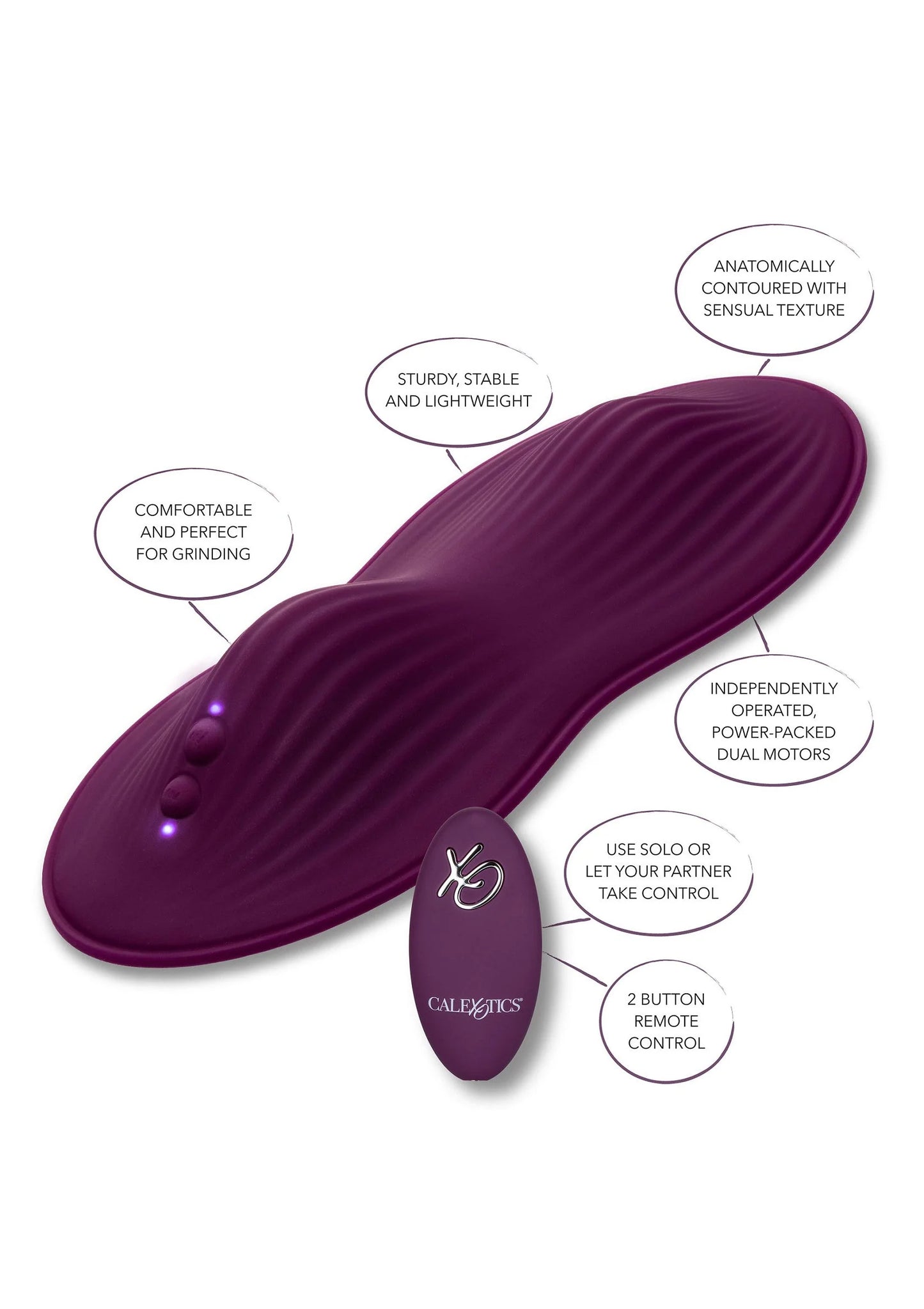 Paarse ovale zitvibrator met afstandsbediening en pictogrammen rond het apparaat