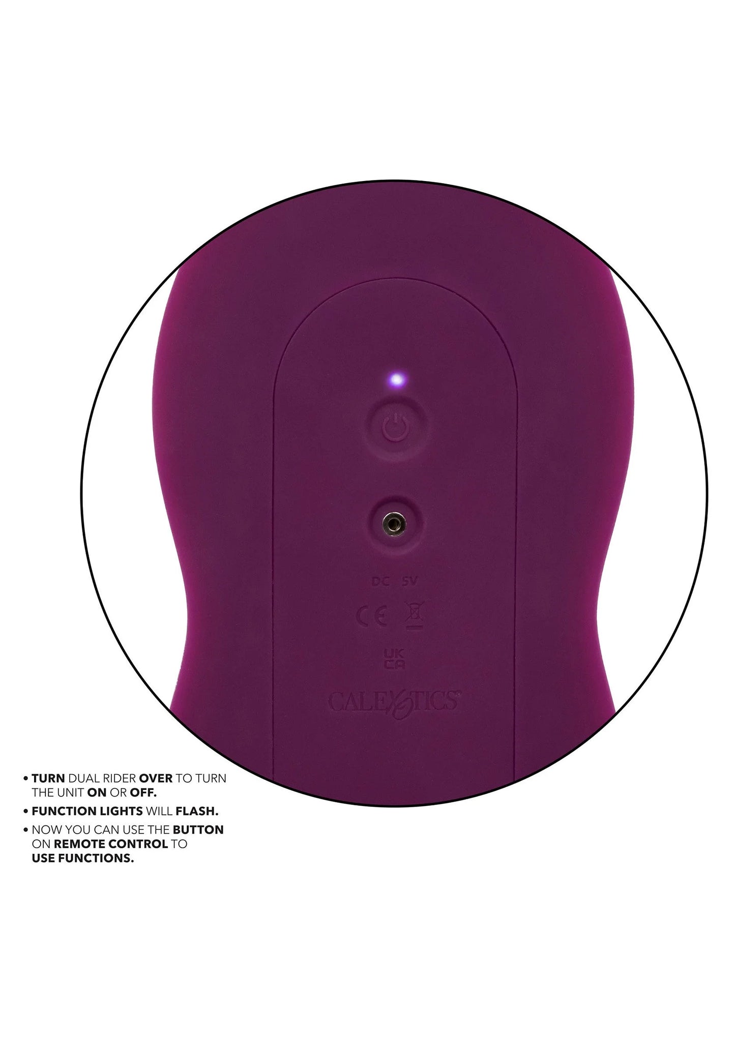 Paars vibratorpad met bedieningspaneel met twee ronde knoppen, achteraanzicht