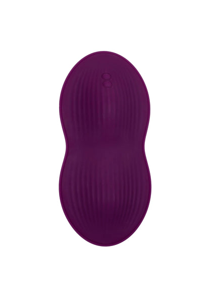Paarse zitvibrator met ribbeltextuur en bedieningsicoon