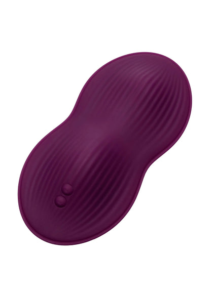 Paarse ovale zitvibrator met geribde textuur en twee ronde bedienknoppen