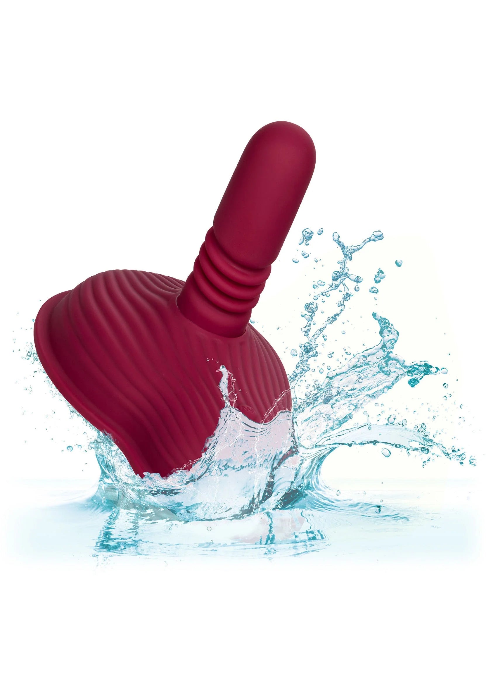 Rode silicone vibrator met waterplons, ronde basis en opstaande thrust-pen