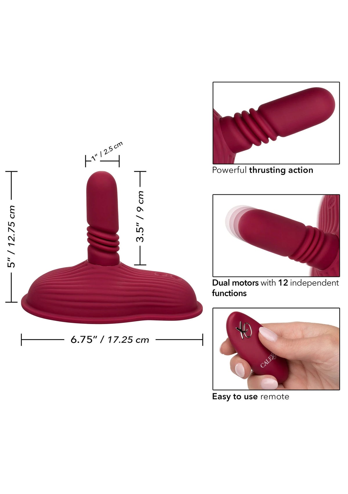 Rood seksspeeltje met opstaande steel en ribbelende ovale voet, diagram met afstandsbediening