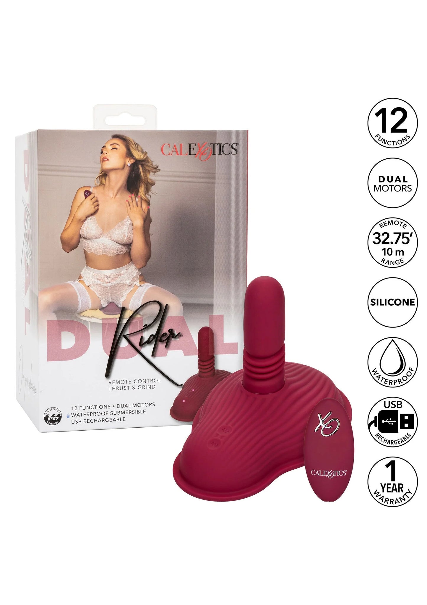 CalExotics Dual Rider afstandsbediening thrust- en grind-vibrator, rode silicone set met doos