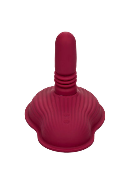 Rode siliconen vibrator met opstaande koker en ribbels, brede voet