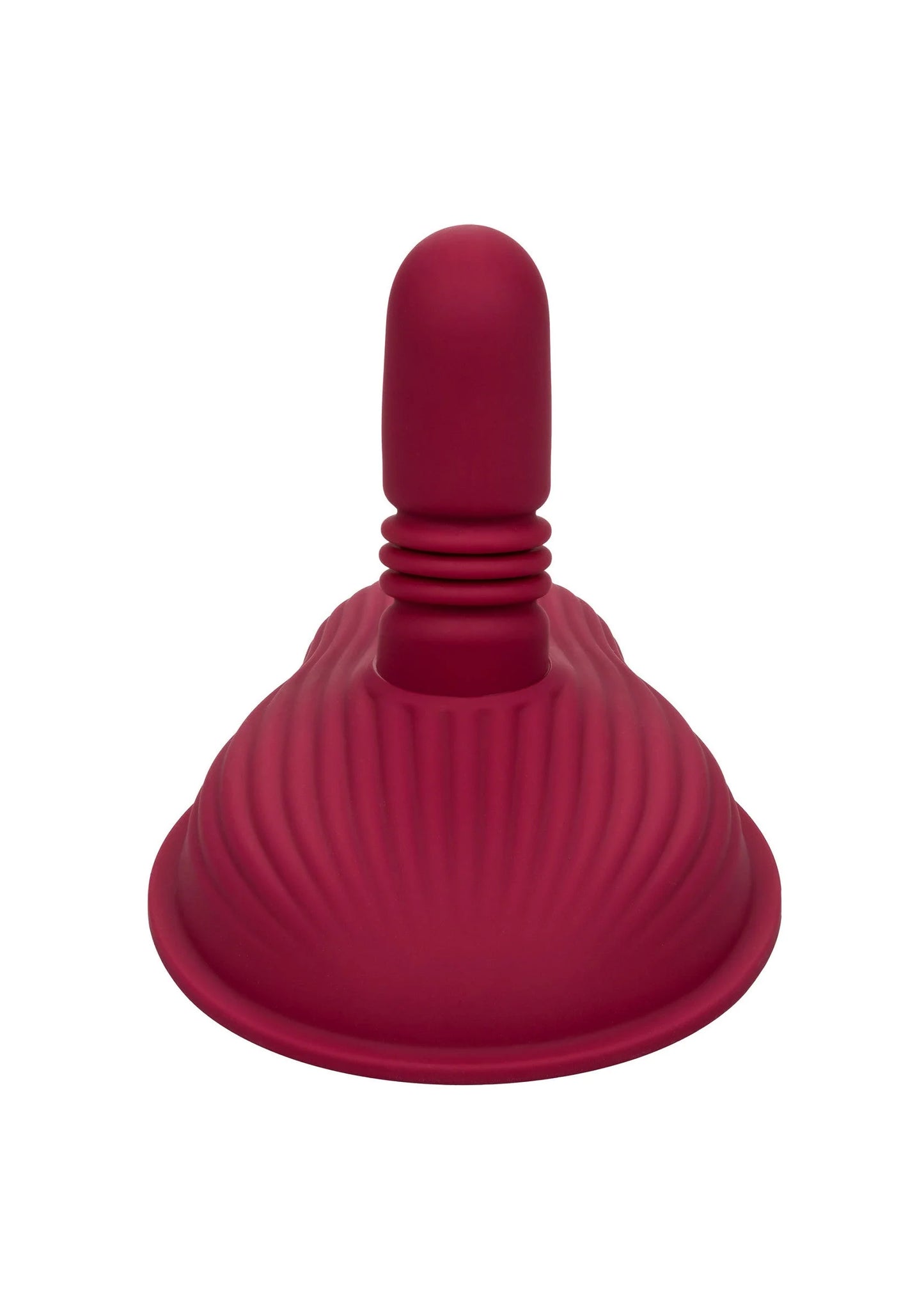Rode siliconen vibrator, taps staafje met ribbelwerk en brede platte basis