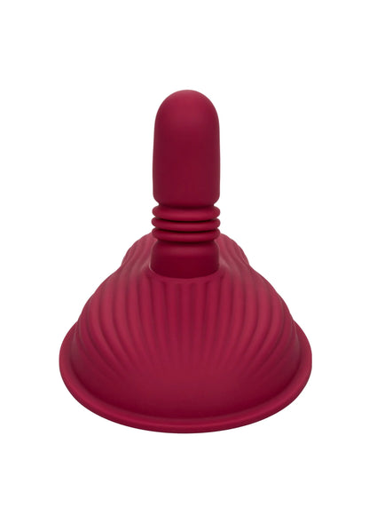 Rode siliconen vibrator, taps staafje met ribbelwerk en brede platte basis