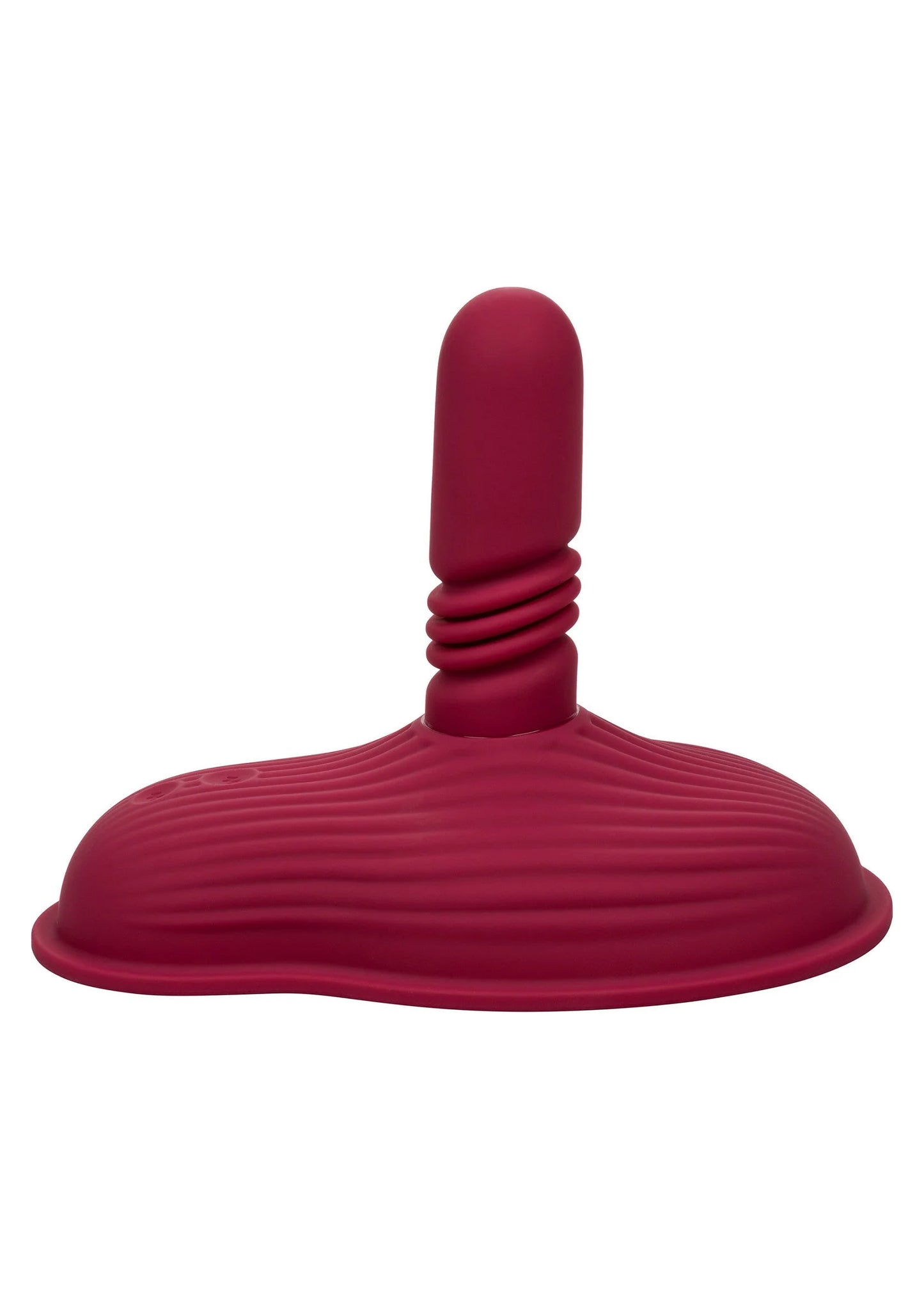 Rode siliconen vibrator met staafje en brede voet, zijdelingse schuine hoek