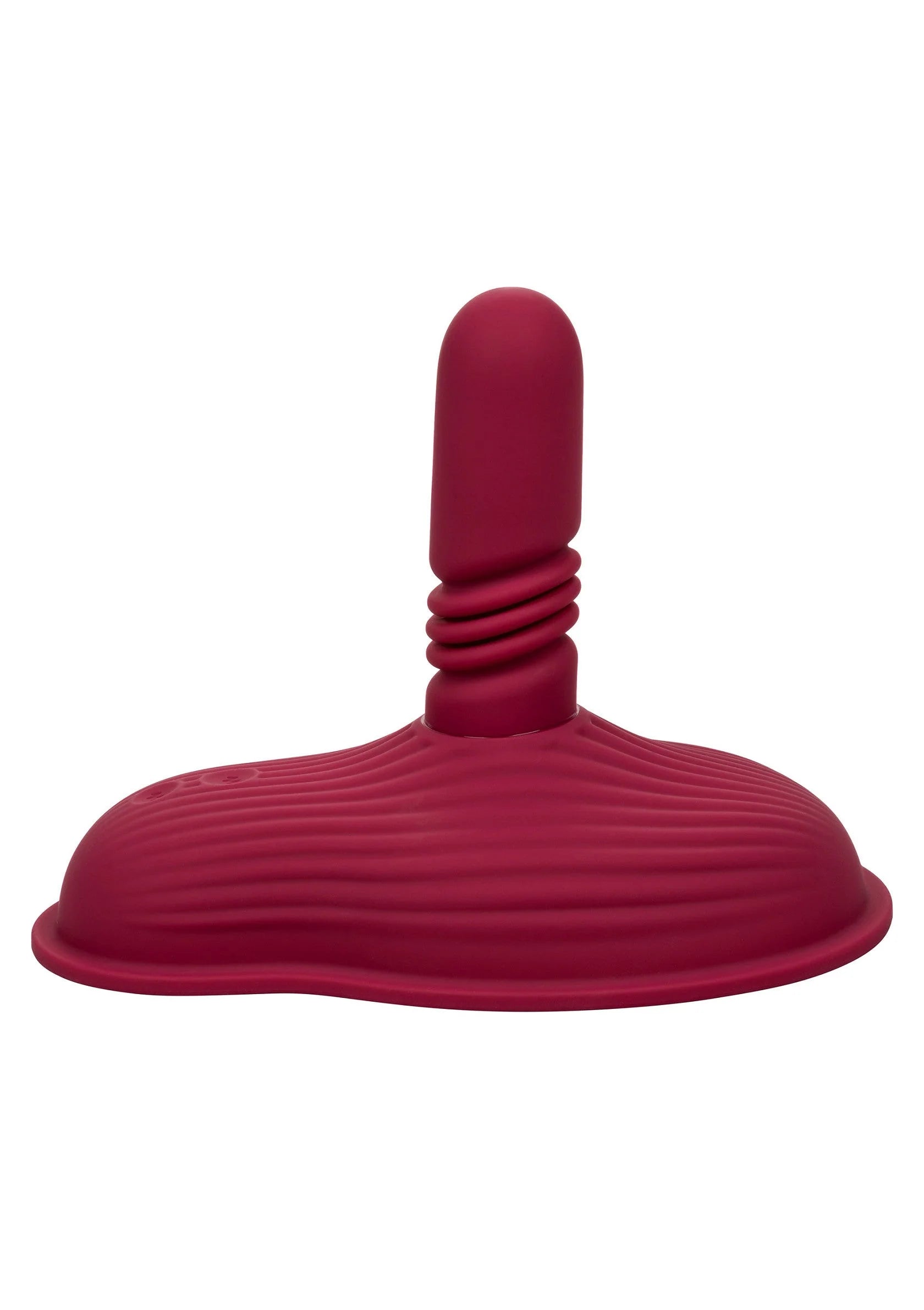 Rode siliconen vibrator met staafje en brede voet, zijdelingse schuine hoek