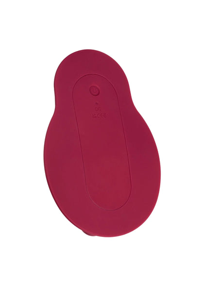Rode siliconen vibrator met ovale achterzijde en bedieningspaneel met knoppen
