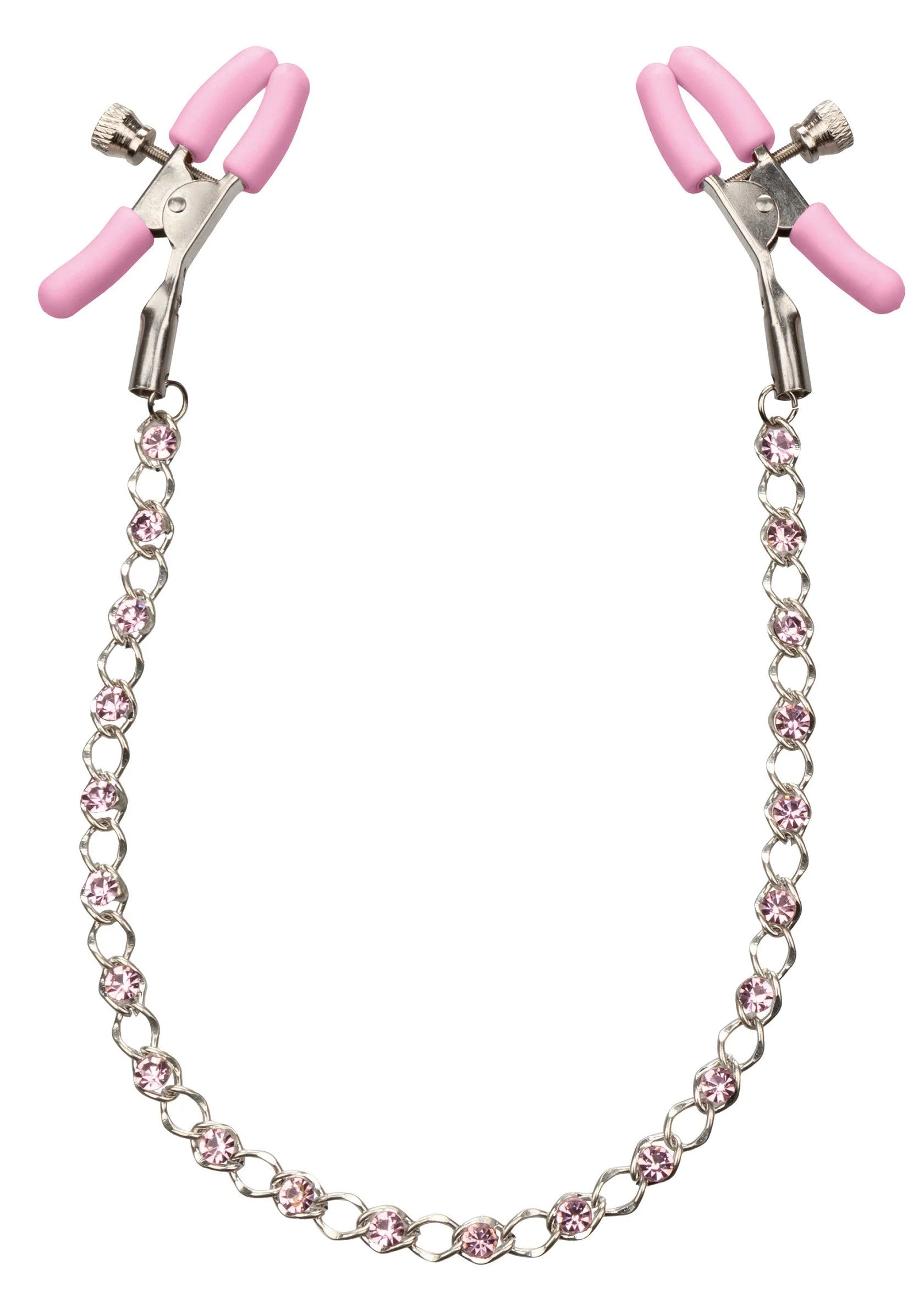 Tepelprikkels met roze siliconenklemmen en zilverkleurige kristalketting, twee stuks