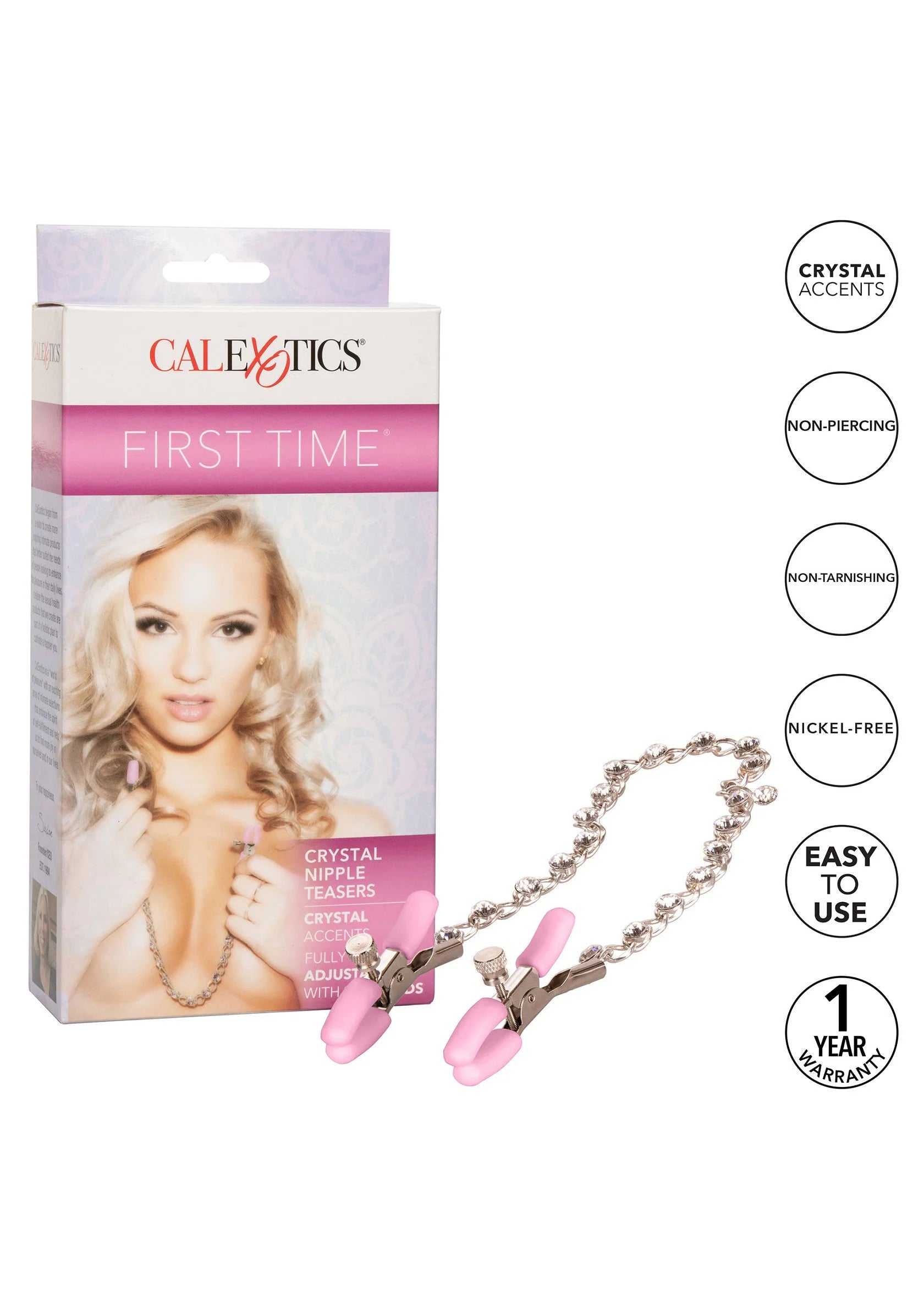 CalExotics nippelteasers met kristallen, roze siliconen clip-uiteinden en ketting
