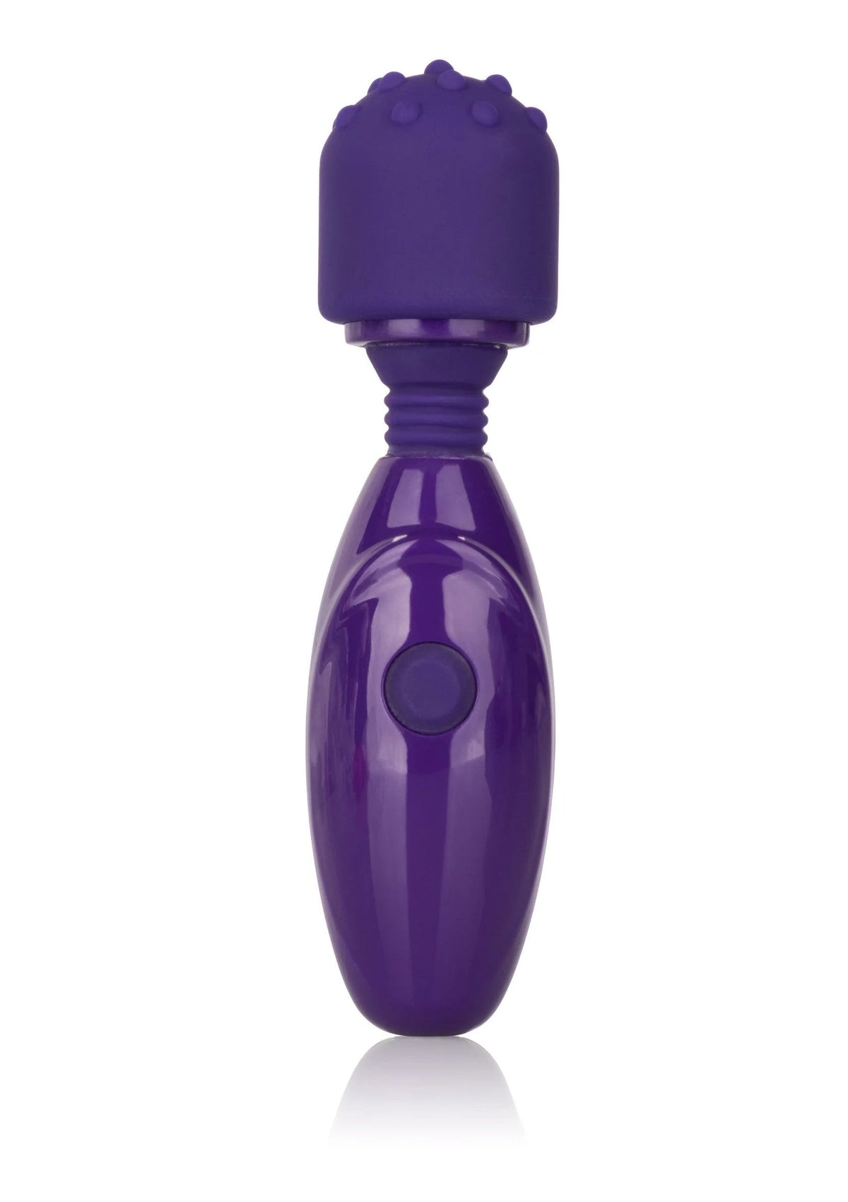 Paarse vibrator met noppenkop, glanzende behuizing en ronde bedieningsknop