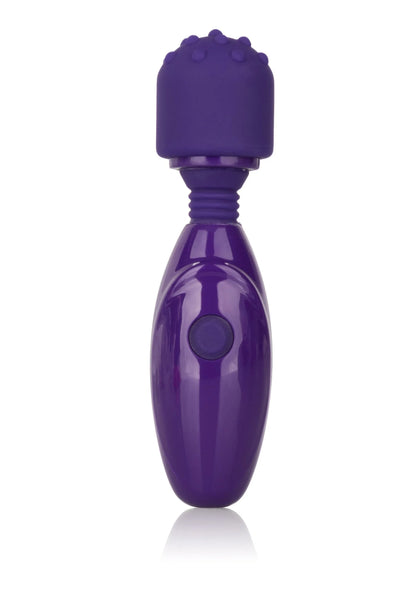 Paarse vibrator met noppenkop, glanzende behuizing en ronde bedieningsknop