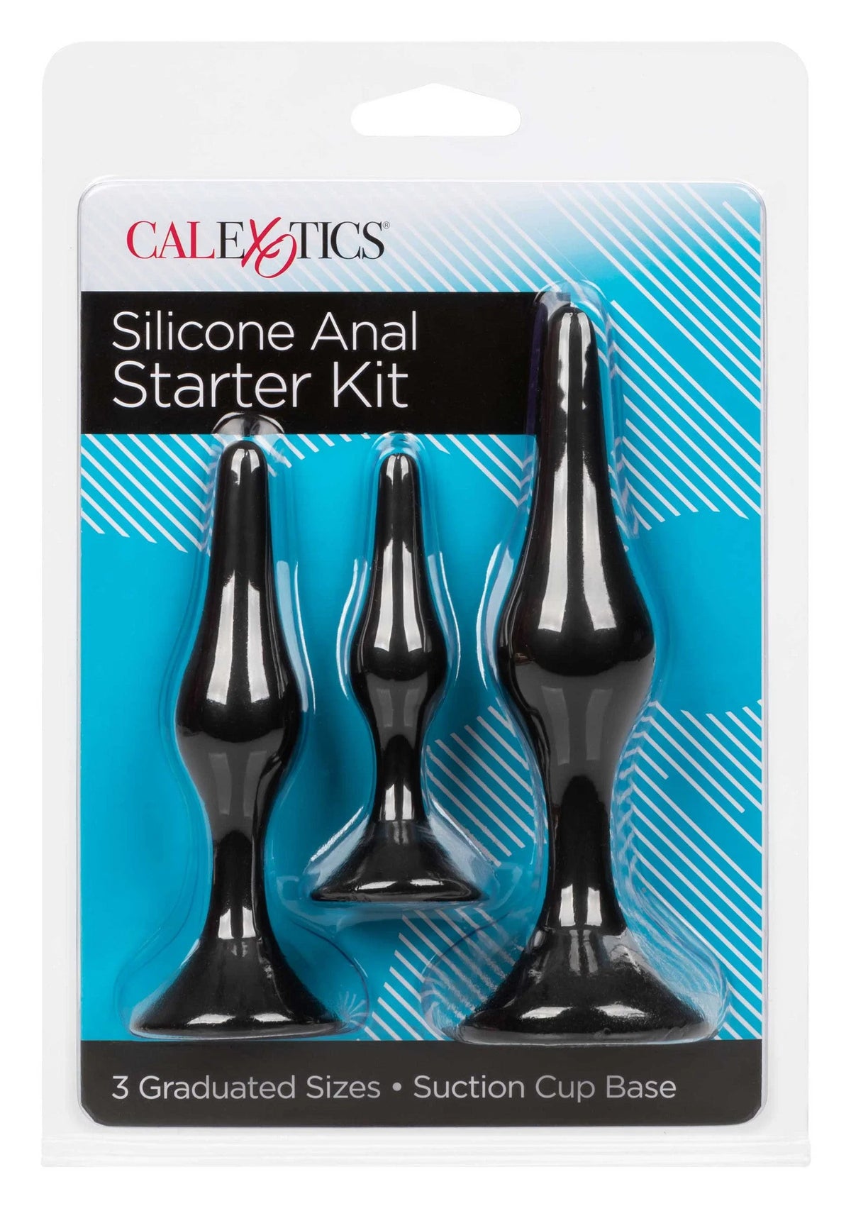 CALExotics Siliconen anale starter kit verpakking met drie zwarte plugs