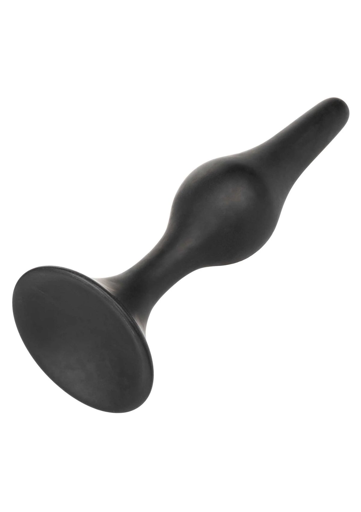 Zwarte siliconen anale plug met ronde voet en taps toelopende steel