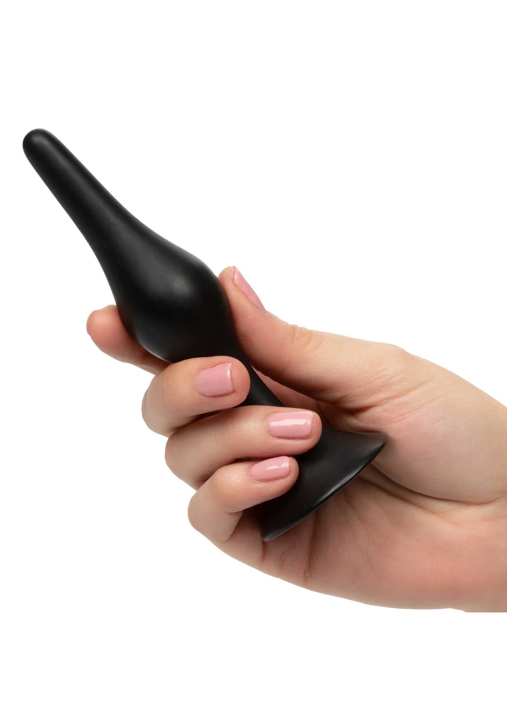 Zwarte siliconen anale plug vastgehouden in hand, conische punt