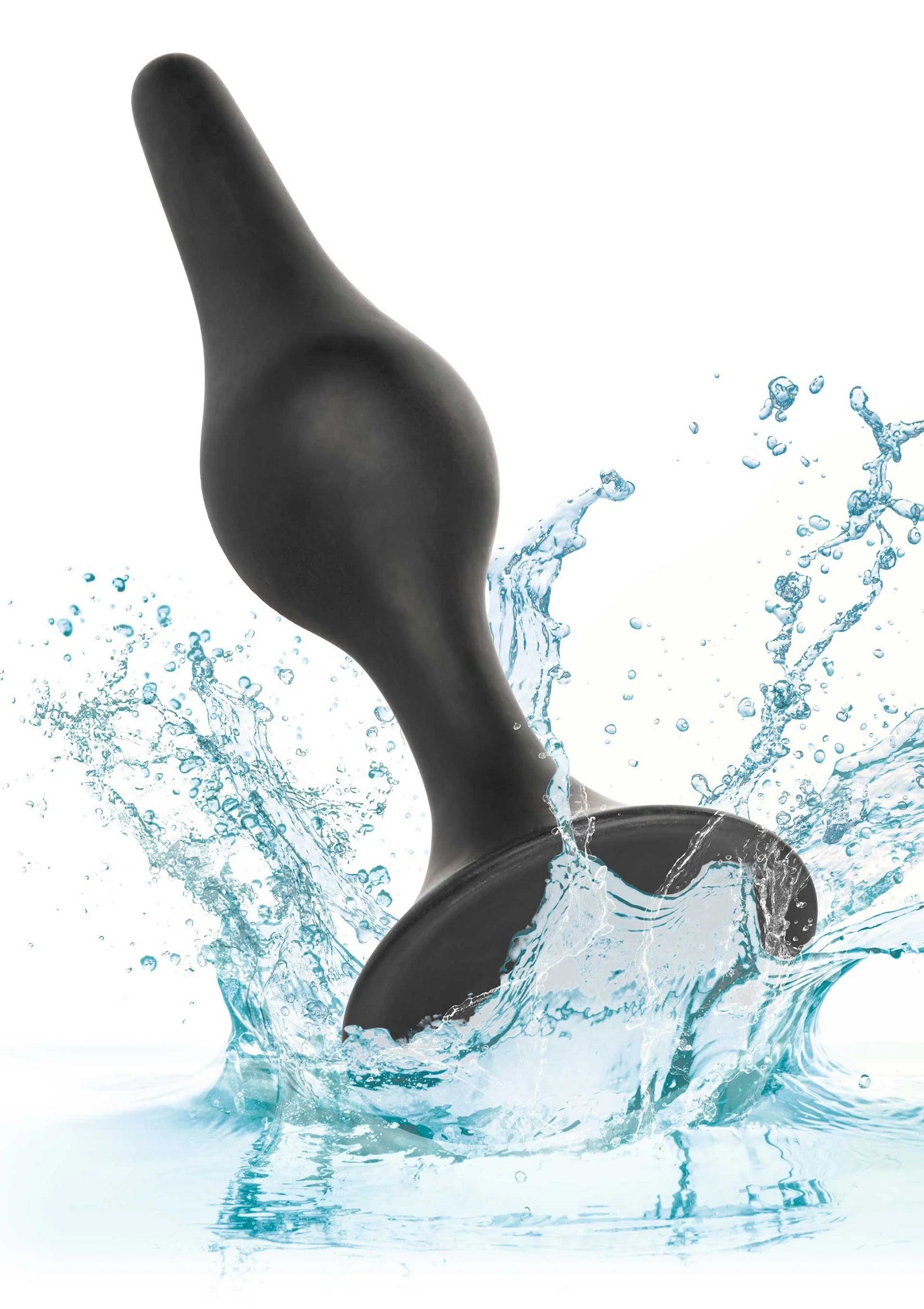 Zwarte siliconen anale plug met brede zuignapbasis, in water