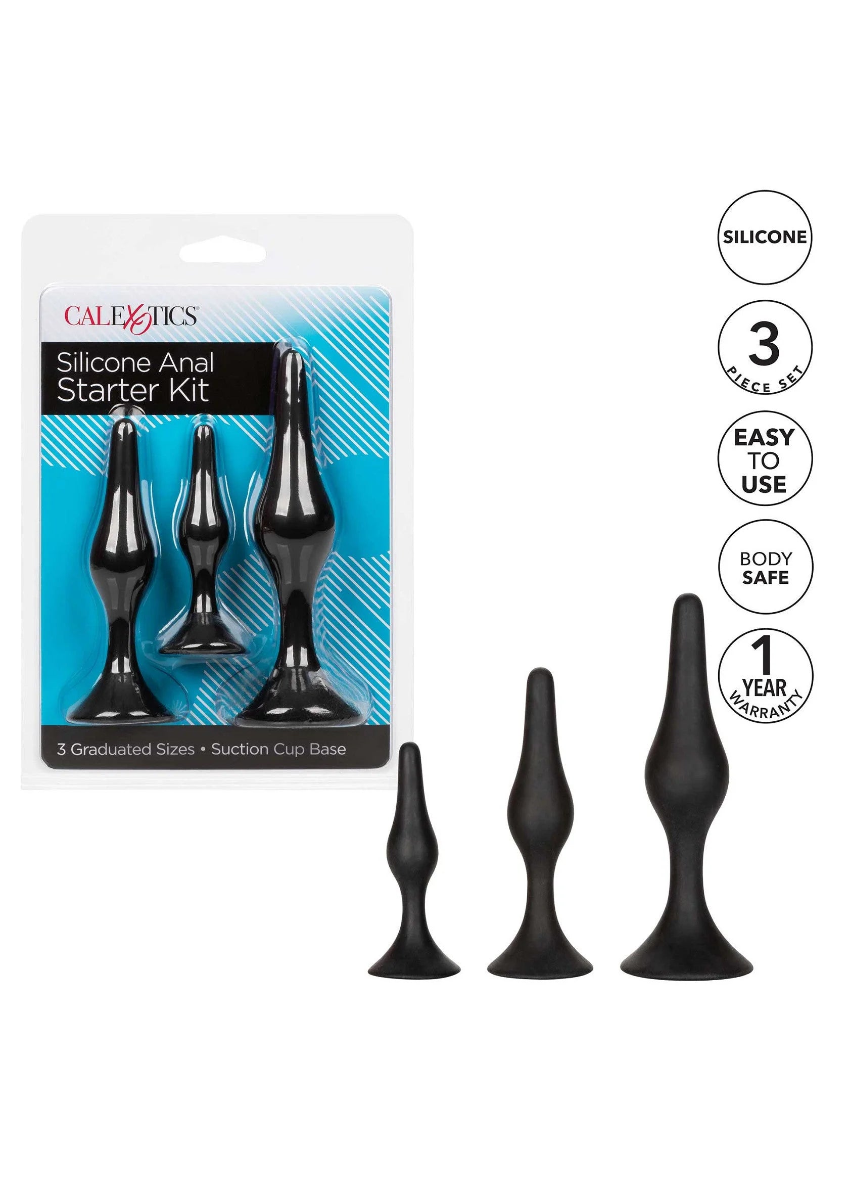 Siliconen anale starter kit in verpakking met drie zwarte pluggen