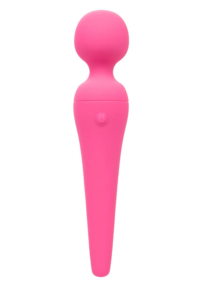 Roze body-wand vibrator, vooraanzicht met ronde kop en bedieningsknop
