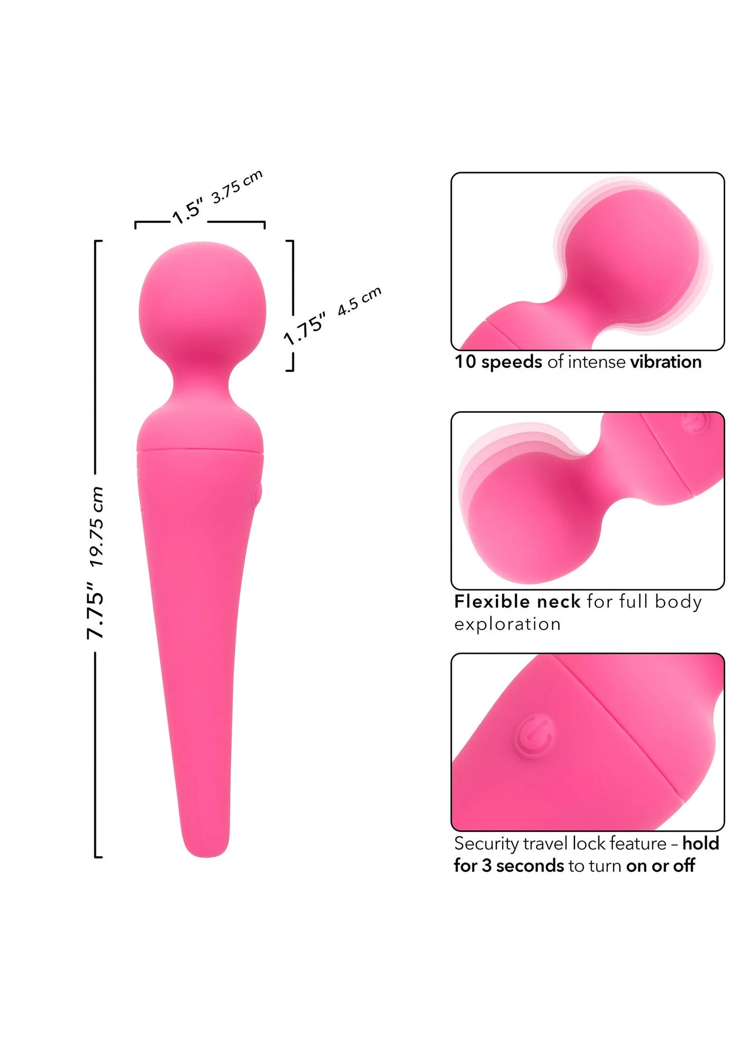 Roze body-wand vibrator met flexibele hals en ronde top, afmetingen zichtbaar