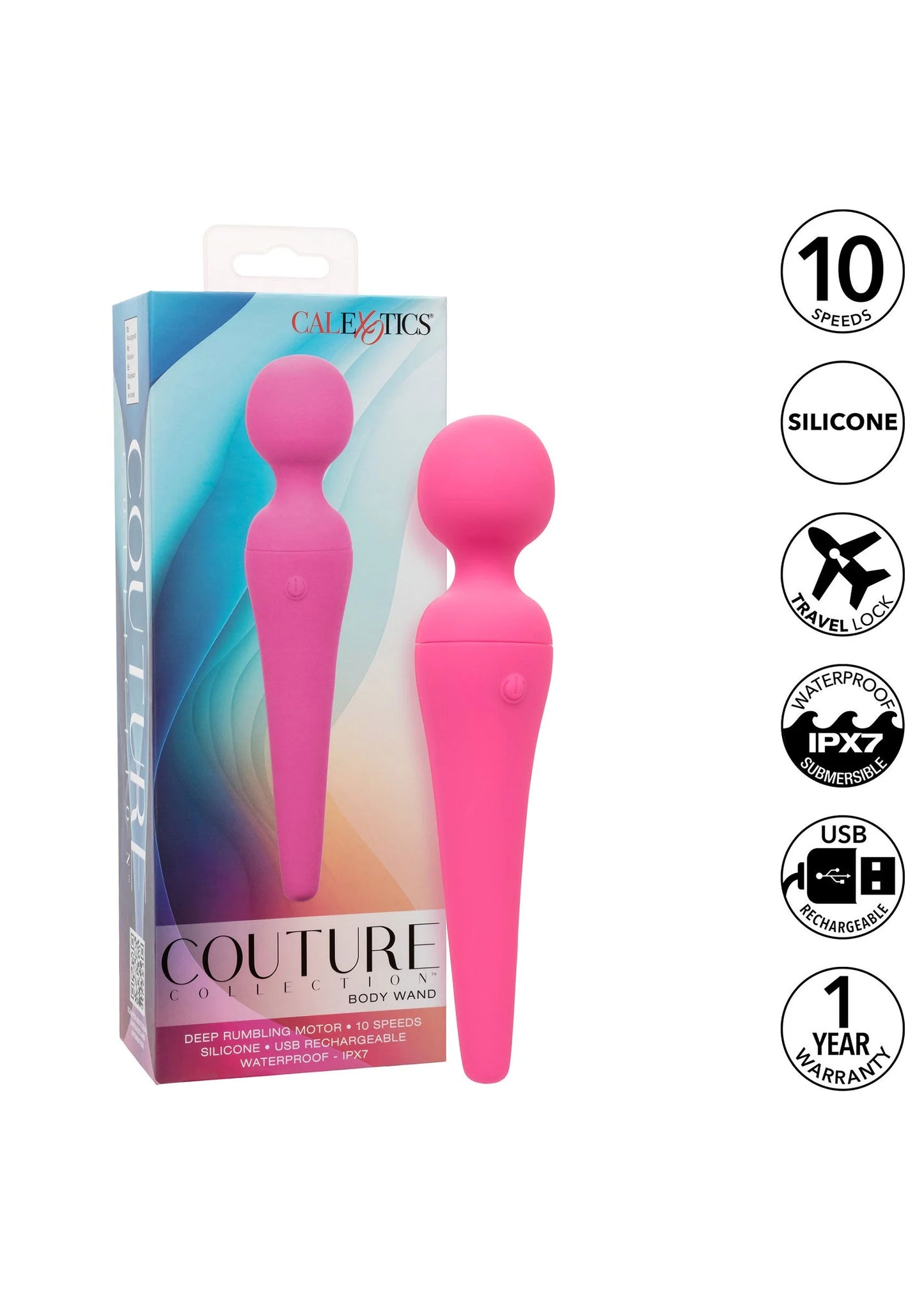 Roze CalExotics Couture body-wand in verpakking met product en specificatie-icoontjes