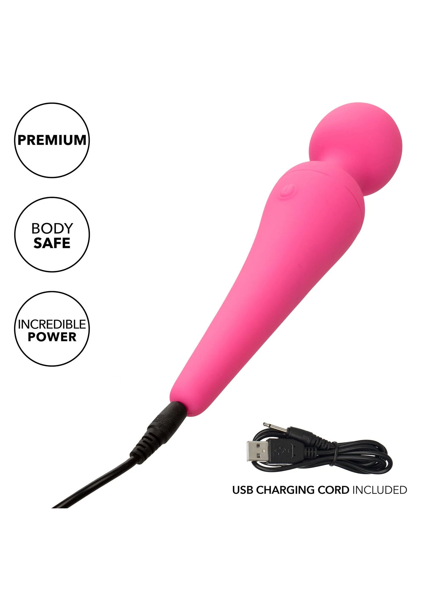 Roze body-wand vibrator met USB-laadkabel en ronde kophals