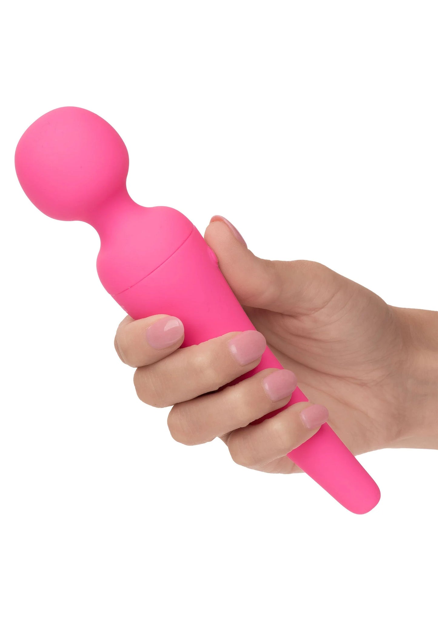 Roze body-wand vibrator in hand, ronde kop en smalle steel met knop