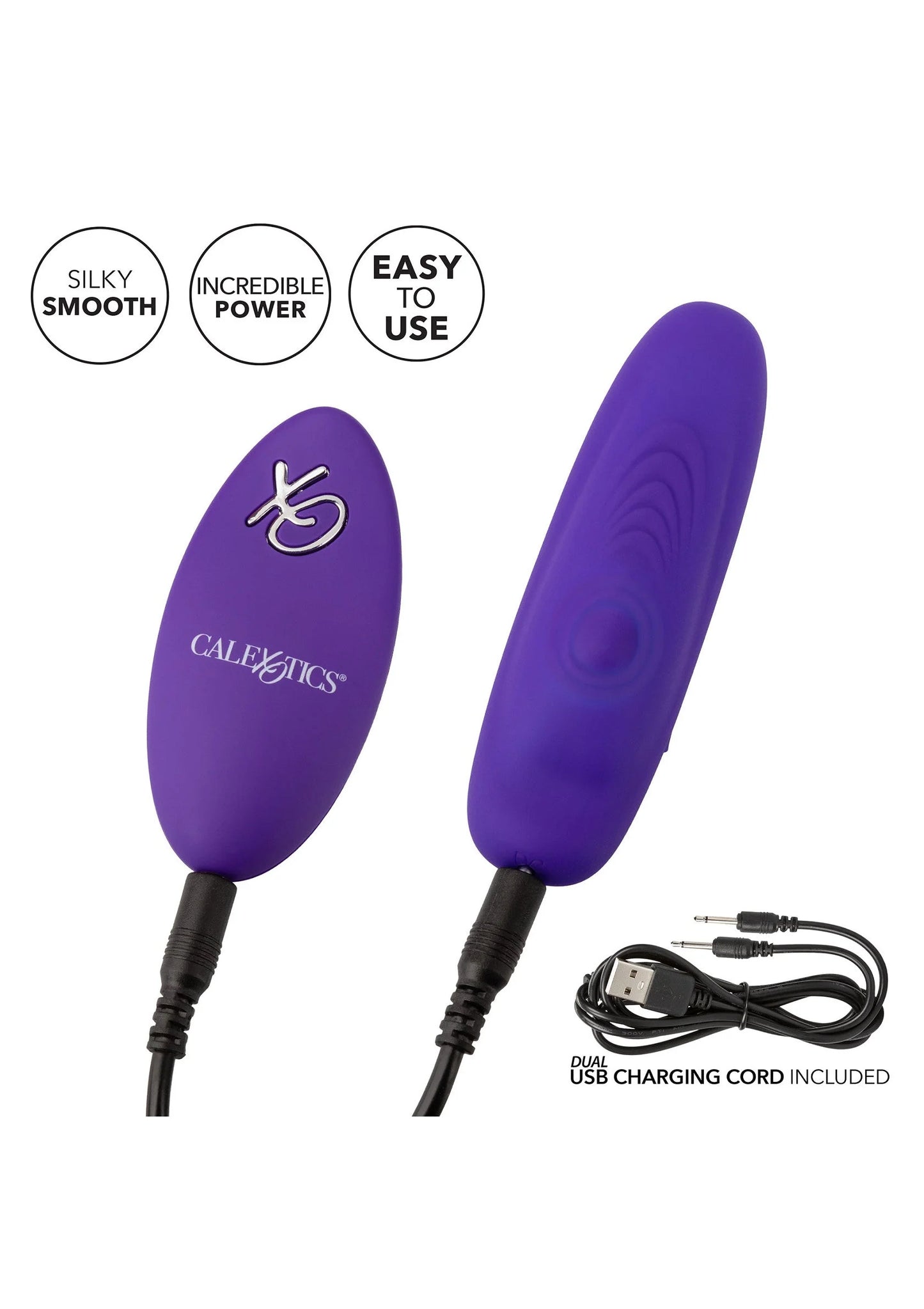 Paarse Lock-N-Play panty teaser van CalExotics met USB-oplaadkabel en twee ovale units