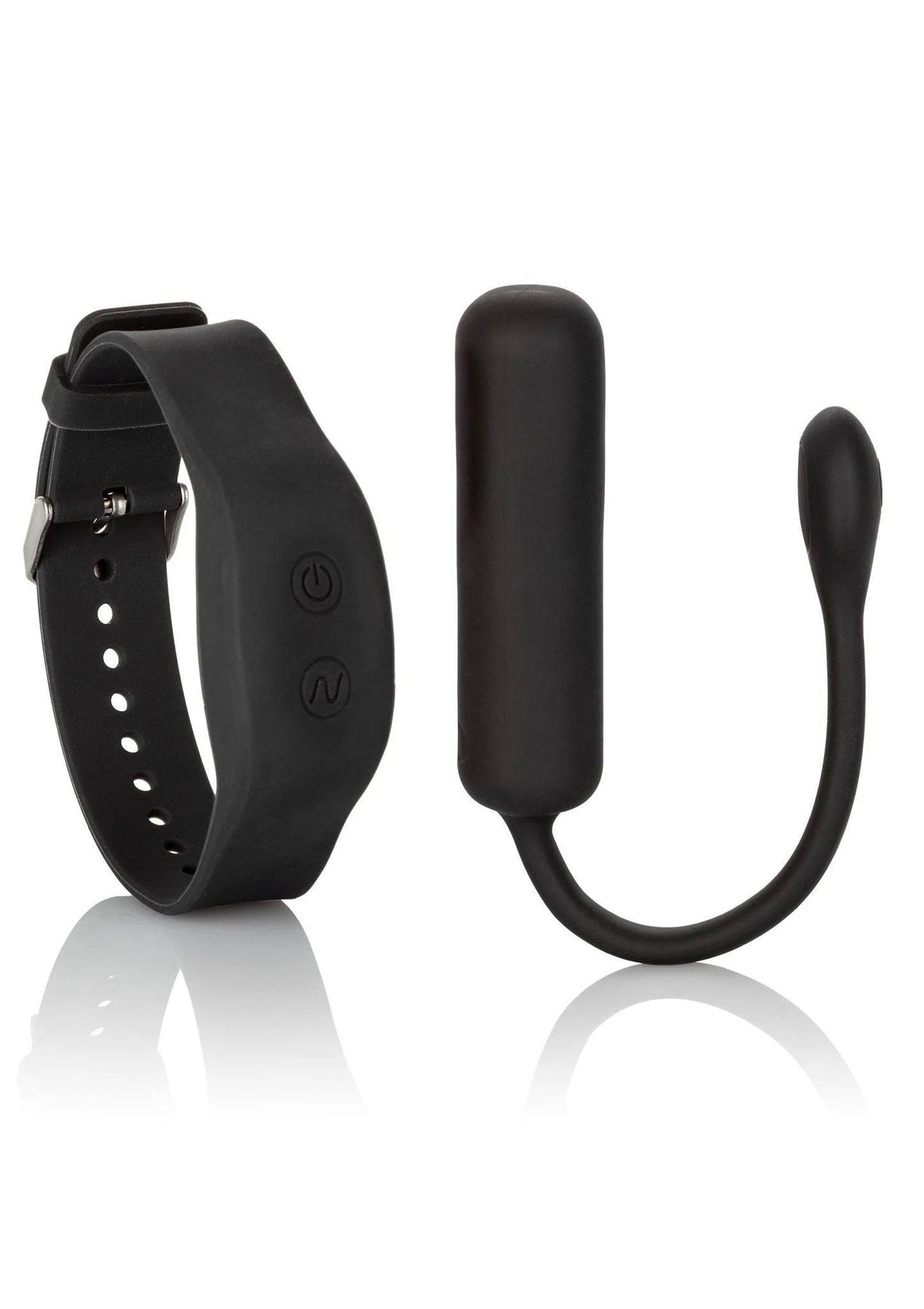 Zwarte wristband afstandsbediening met bullet en flexibele kabeluiteinde op witte achtergrond