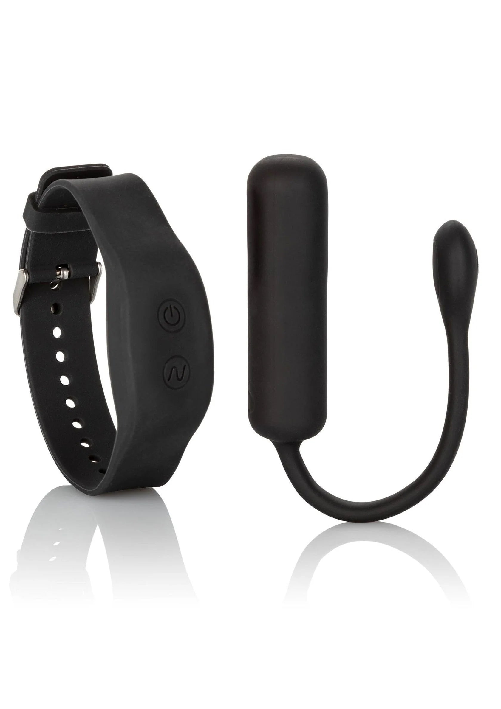 Zwarte wristband afstandsbediening met bullet en flexibele kabeluiteinde op witte achtergrond