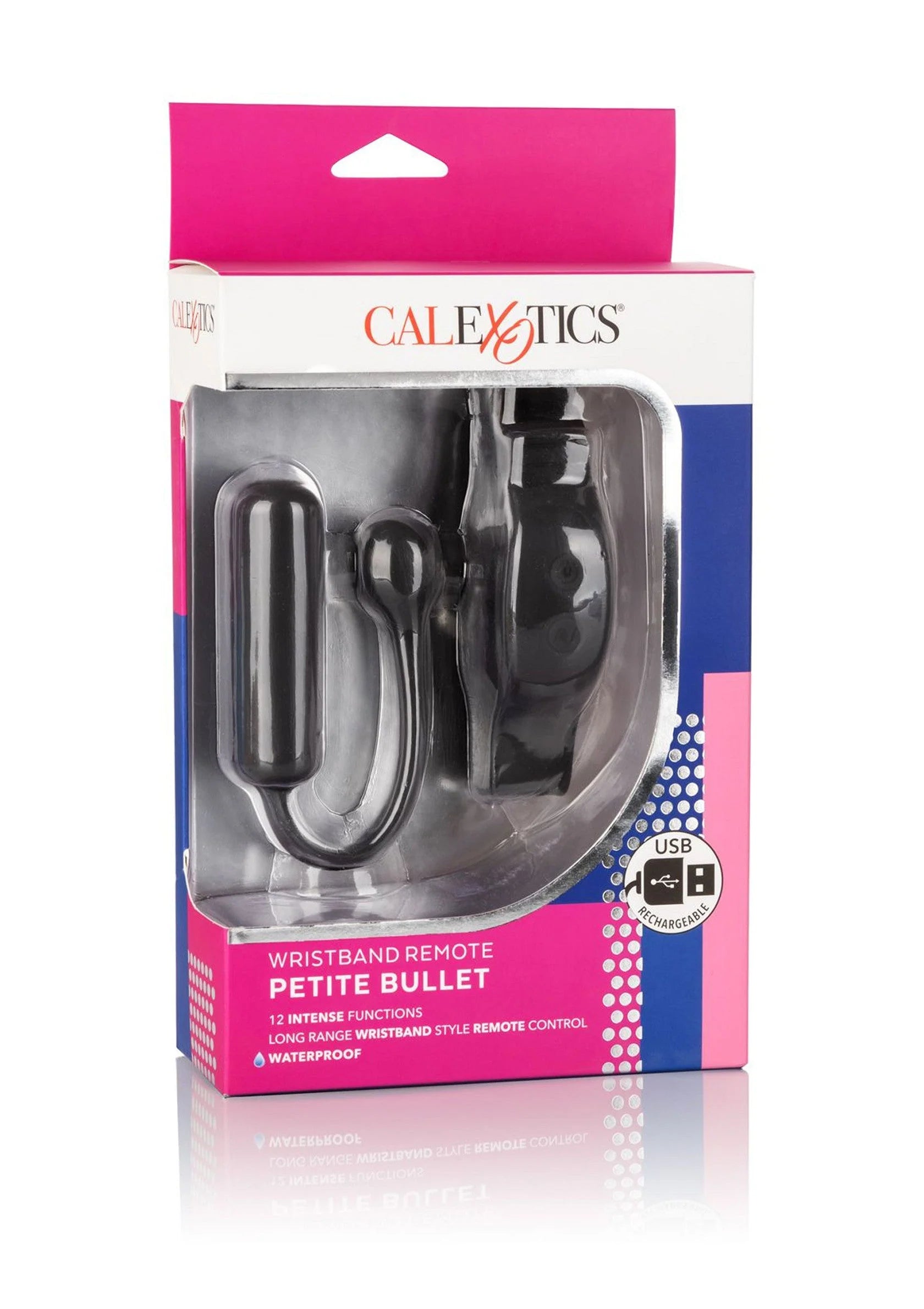CalExotics polsband-afstandsbediening petite bullet in zwarte silicone, productverpakking