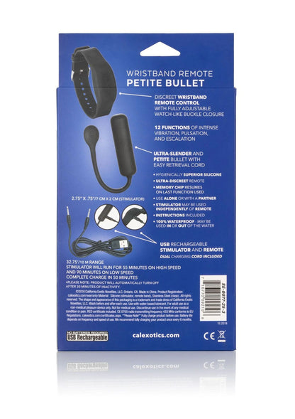 CalExotics polsband-afstandsbediening met petite bullet, verpakking met apparaat en functies