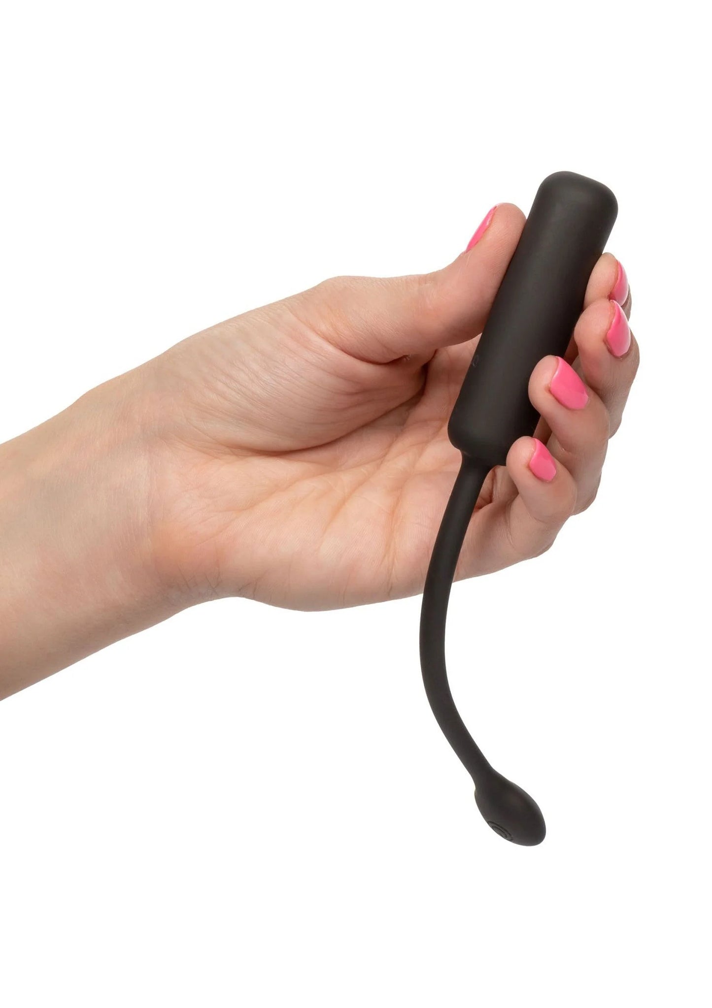 Hand met zwarte polsband-afstandsbediening petite bullet op de pols