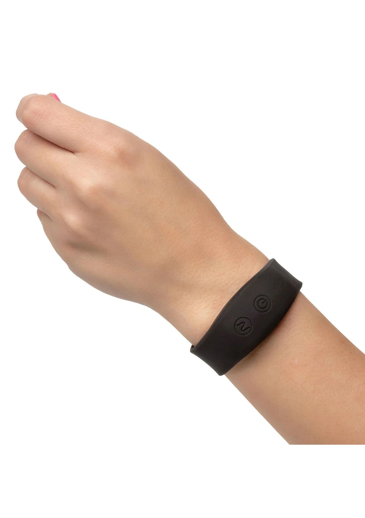 Gedetailleerde polsband-afstandsbediening in zwarte silicone met bedieningsknoppen