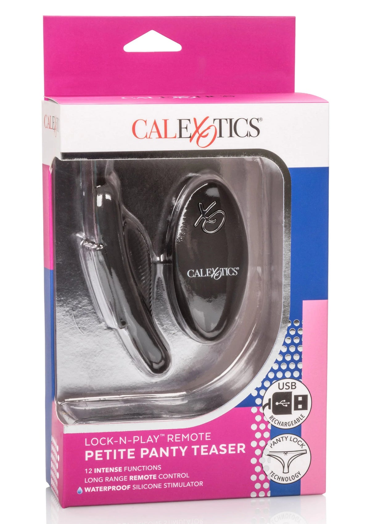 Verpakte remote panty-teaser met CalExotics-logo, transparante blister