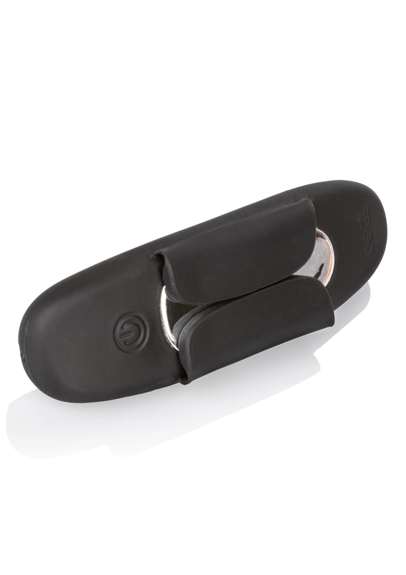 Zwarte remote panty-teaser in open stand, met zilveren klem en binnenring