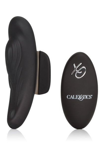 Zwarte ovale panty teaser vibrator met bedieningspad en CalExotics-logo.