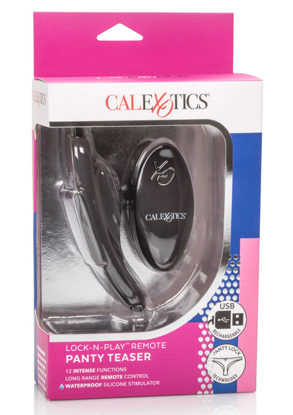 Doos met CalExotics Lock-N-Play remote panty teaser en apparaat in doorzichtige houder.