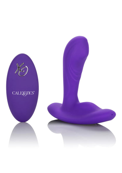Paarse silicone stimulator met gebogen punt en bijpassende afstandsbediening