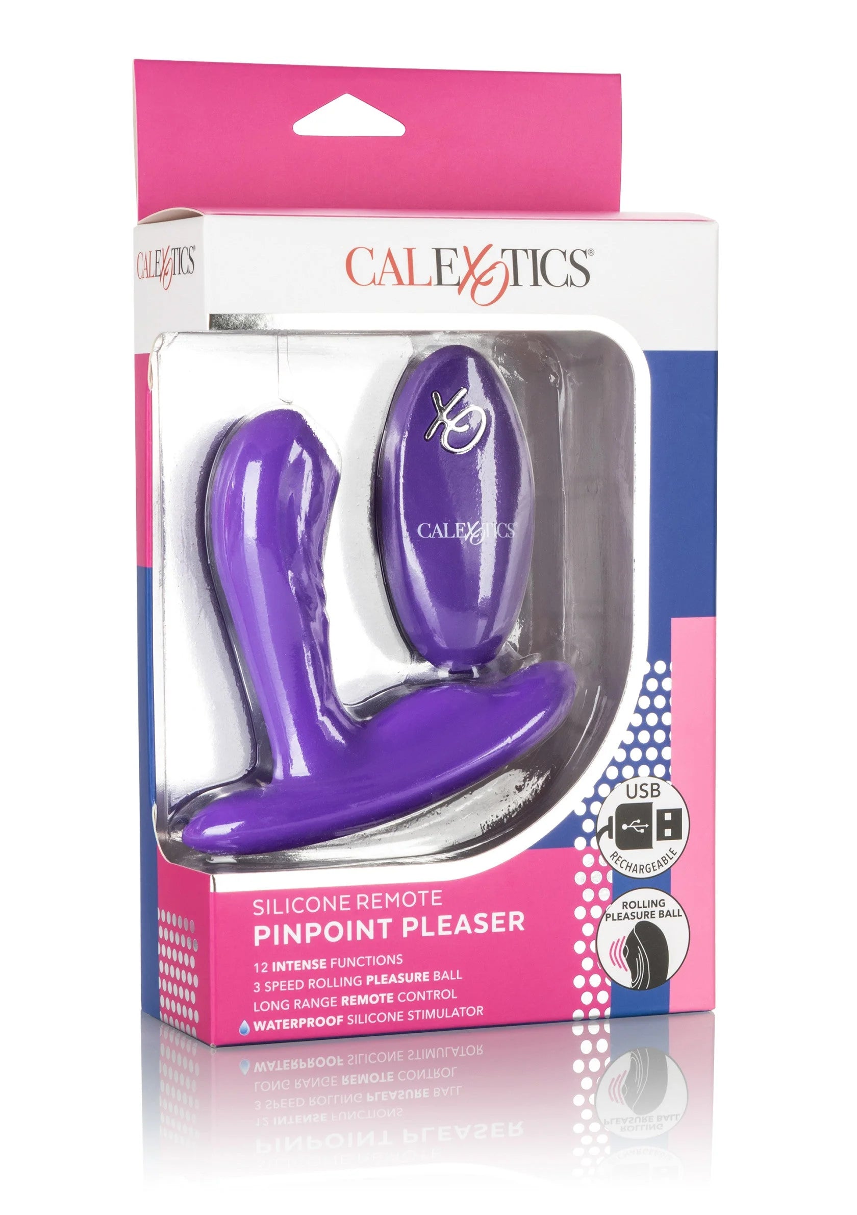 CalExotics doos met paarse silicone remote pinpoint pleaser en afstandsbediening