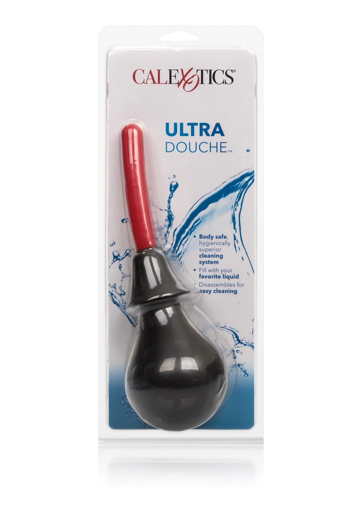 Verpakte CalExotics Ultra Douche met blauwe waterillustratie en rode tuit