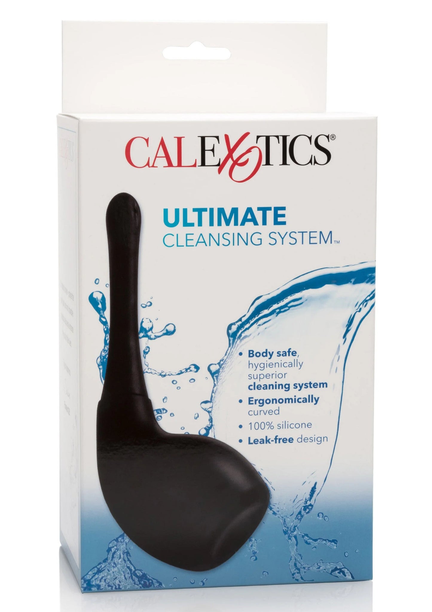 CalExotics Ultimate Cleansing System doos met zichtbare zwarte anal douche en waterillustratie.