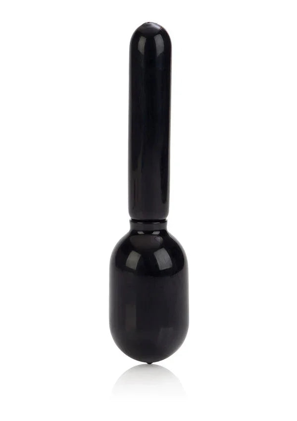 sleek black handheld massager with rounded handle and bulbous base on white background
