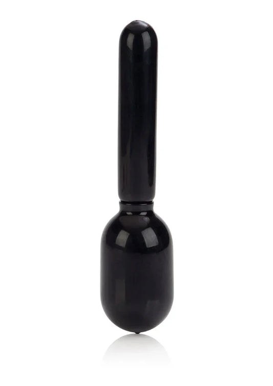sleek black handheld massager with rounded handle and bulbous base on white background