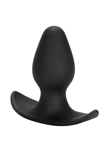 Zwarte siliconen buttplug met taps toelopende schacht en brede flens