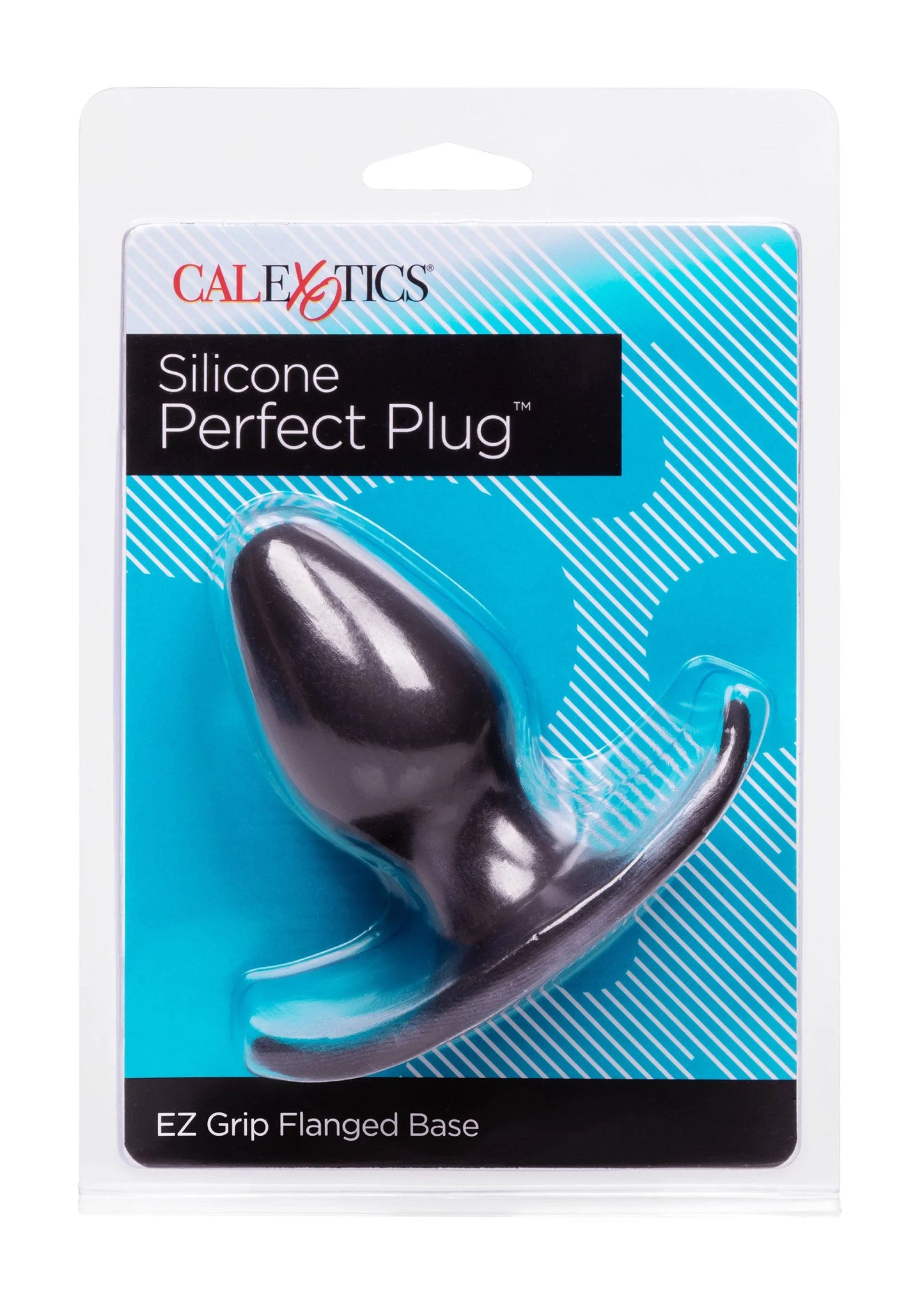 CalExotics Silicone Perfect Plug buttplugverpakking met zwarte plug en EZ Grip flensbasis