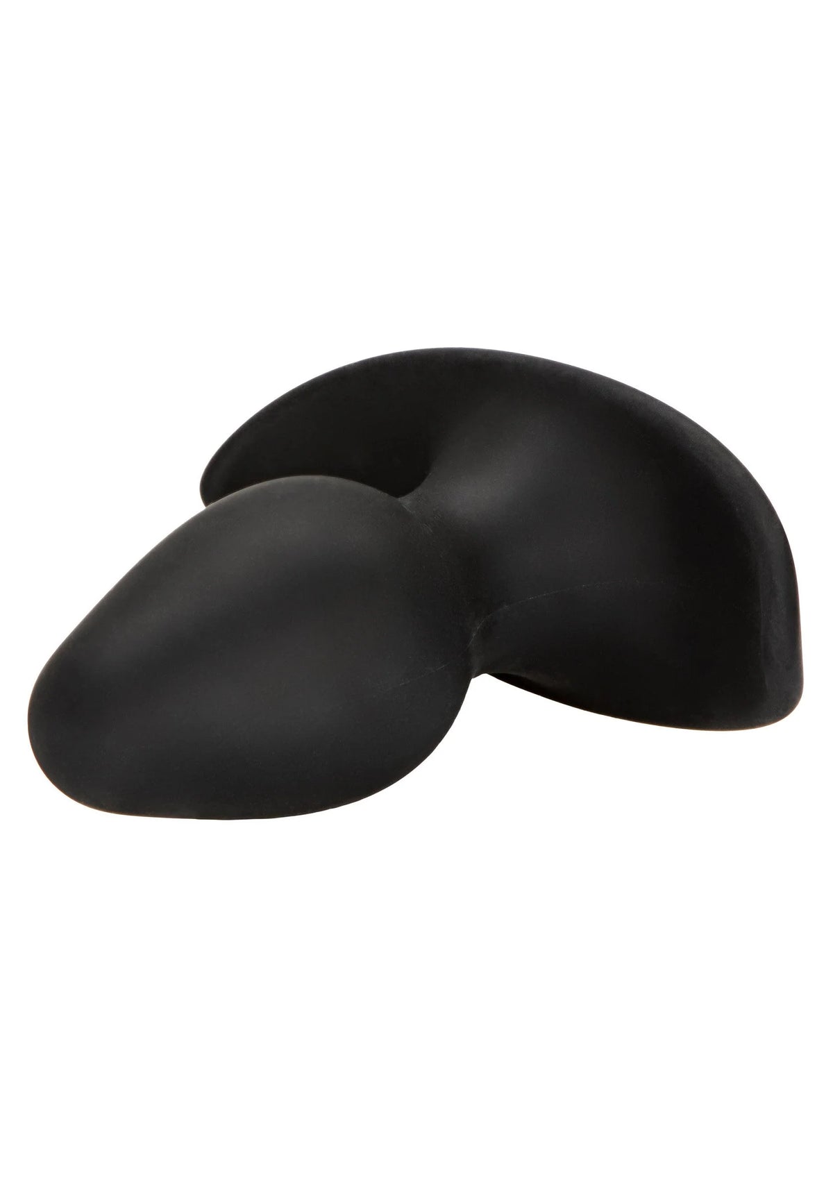 Zwarte siliconen buttplug, liggende vorm met ronde flens en brede onderzijde