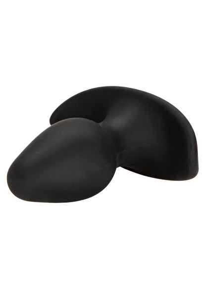 Zwarte siliconen buttplug, liggende vorm met ronde flens en brede onderzijde