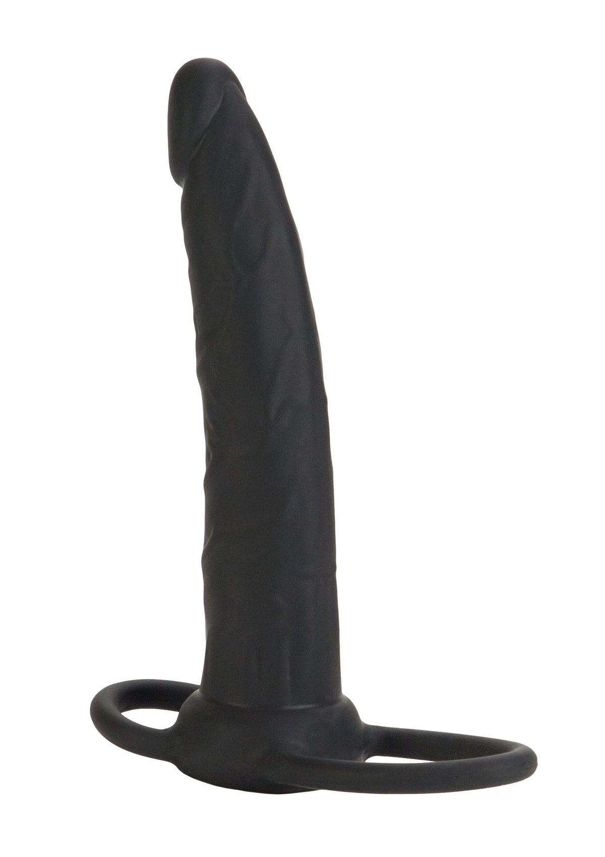 Zwarte siliconen dildo, staand met ronde ring aan de onderkant