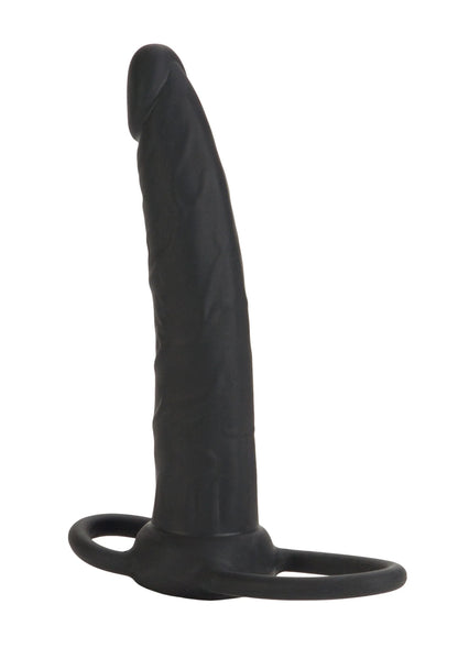 Zwarte siliconen dildo, staand met ronde ring aan de onderkant